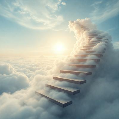 The primary subject of the image is a set of stairs made of clouds, floating in a cloudy sky. The stairs are made of white clouds, and they appear to be floating in the air. The setting is a cloudy sky, and the visual style is a digital art or illustration. The colors and mood of the image are predominantly white and cloudy, giving it a serene and dreamy atmosphere.